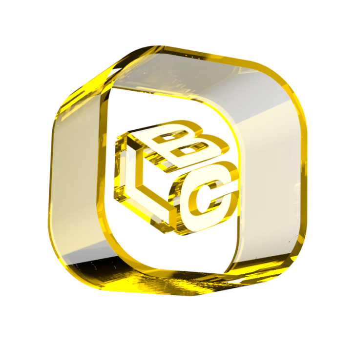 Logo do LCbank em 3D dourado translúcido com letras LC